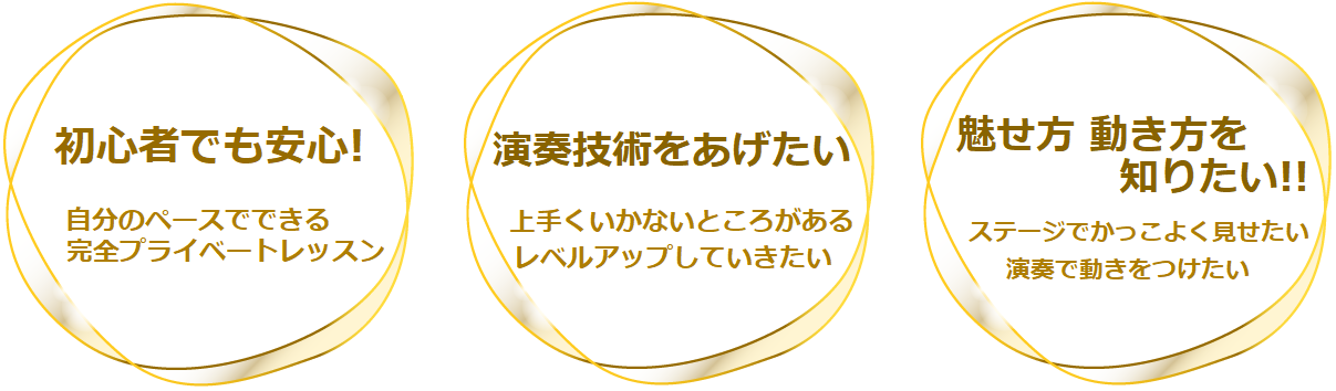 初心者　安心　自分のペース　プライベートレッスン 技術　向上　より上手く ステージ上　見せ方 動き　演奏